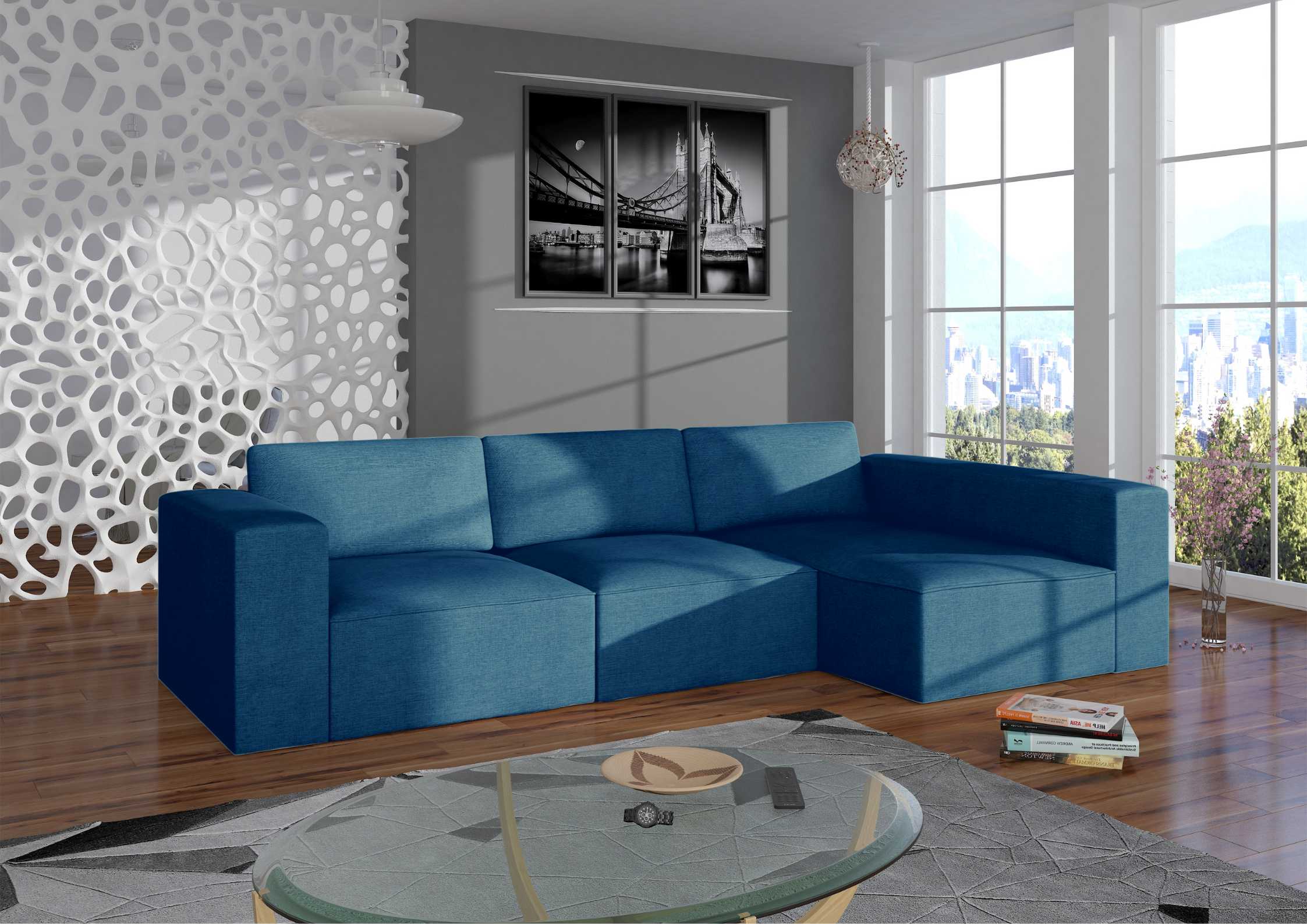 Modułowy narożnik z przeszyciami w kolorze granatowym